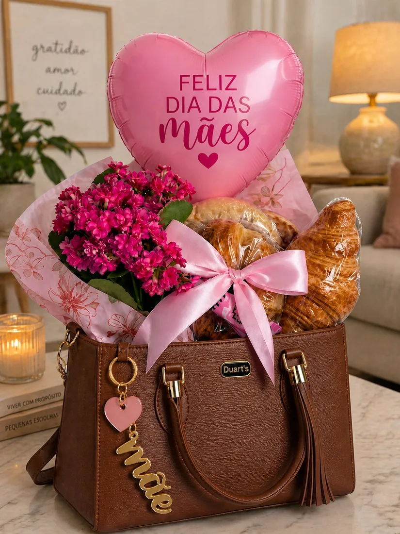 Cesta de Dia das Mães com flores, croissants, bolsa e balão rosa.